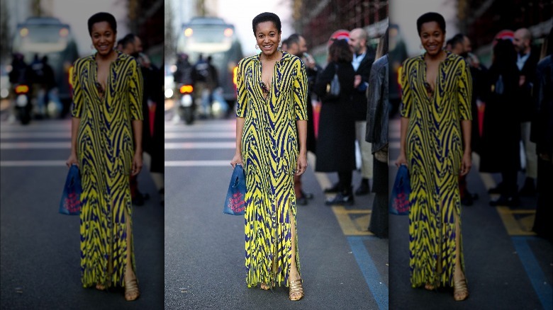 Woman wearing patterned maxi dress