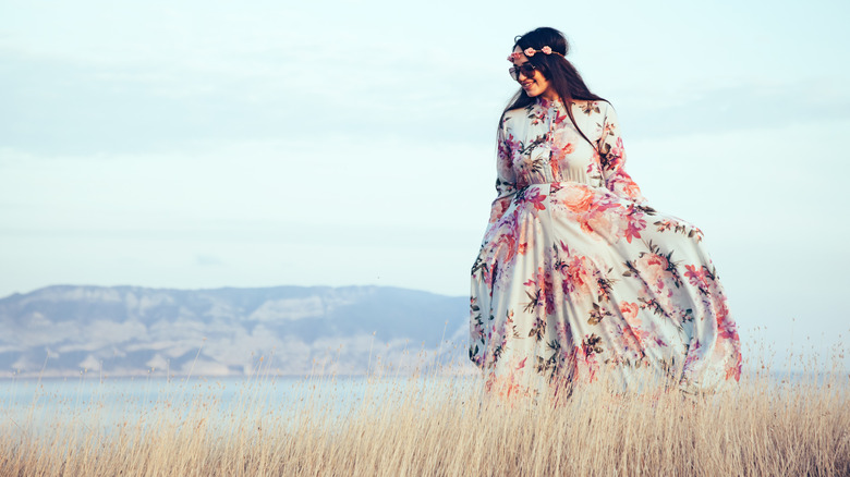 Woman wearing floral maxi dress