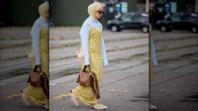 Woman wearing shirt under maxi dress