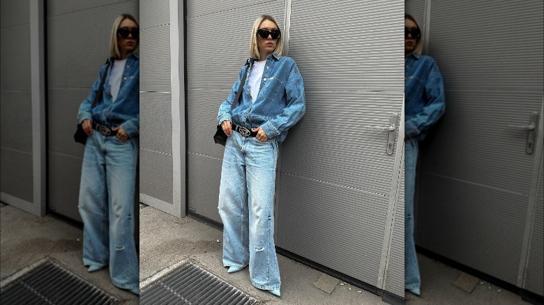 Blonde woman in denim outfit