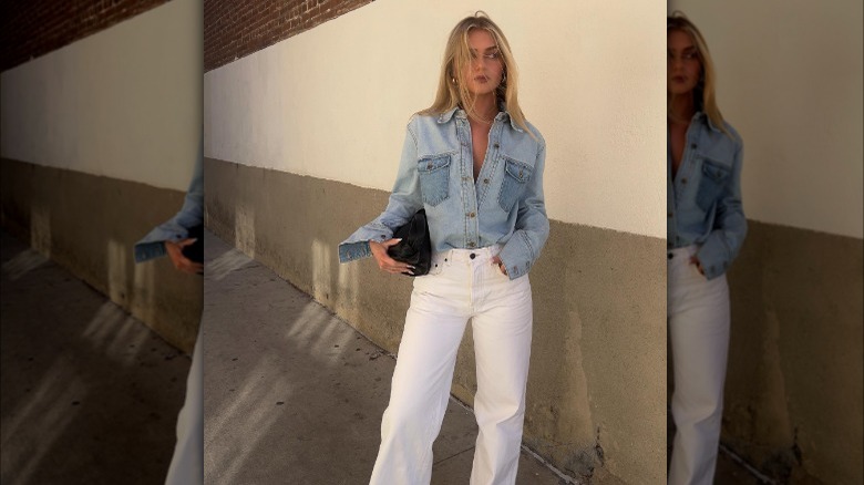 Blonde woman wearing denim outfit