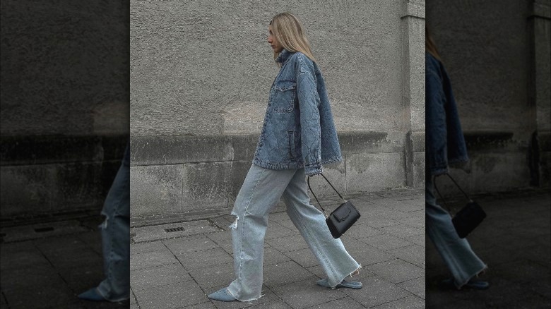 Blonde woman wearing denim outfit