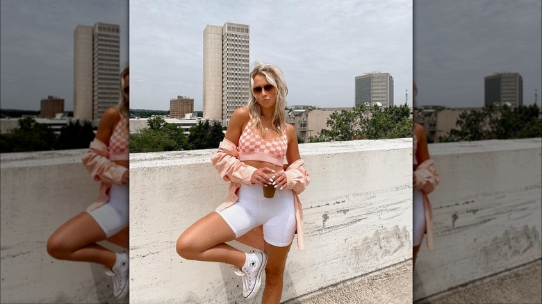 @stylebybrimarie posing in checkered halter top and biker shorts