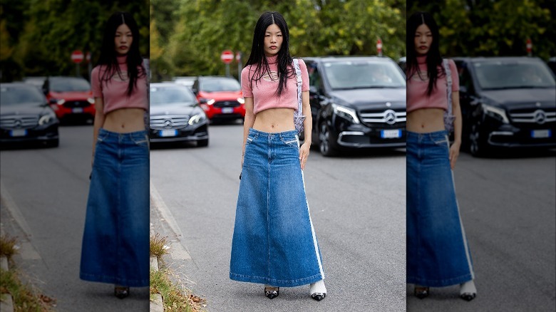 Denim maxi skirt summer outfit