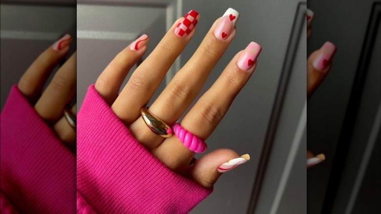 Pink and red patterned nails