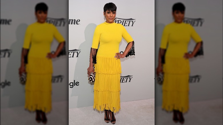 Tamron Hall in yellow fringe dress