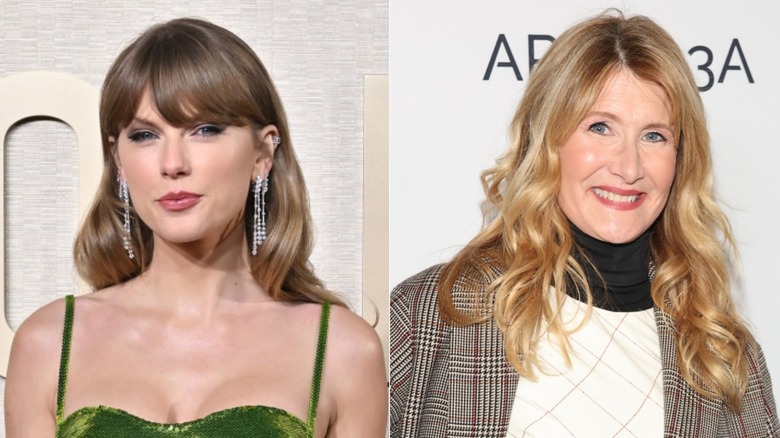 Split image of Taylor Swift and Laura Dern smiling