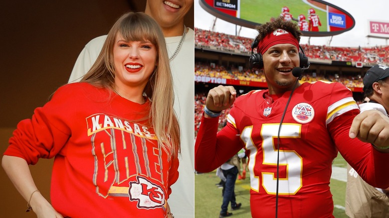 A split image of Taylor Swift and Patrick Mahomes