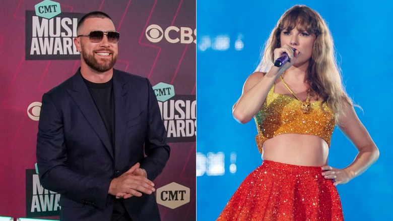 Travis Kelce smiling & Taylor Swift singing