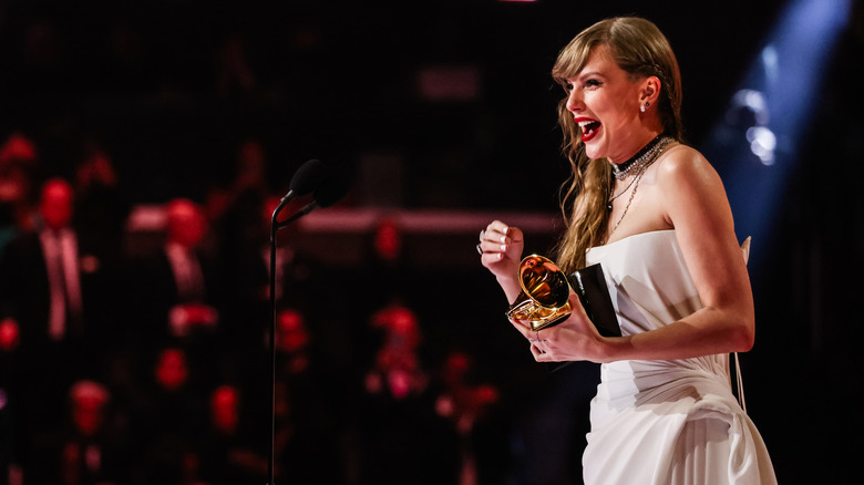 Taylor Swift accepting Album of the Year at the 2024 Grammys