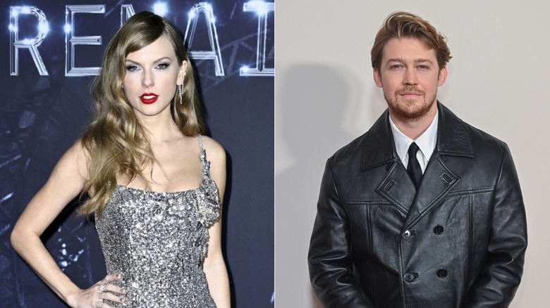 Split image of Taylor Swift and Joe Alwyn smiling at red carpet events