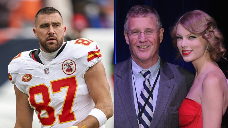 Travis Kelce kneeling & Scott and Taylor Swift smiling