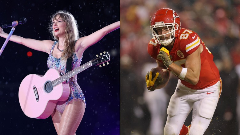 Taylor Swift onstage & Travis Kelce playing football