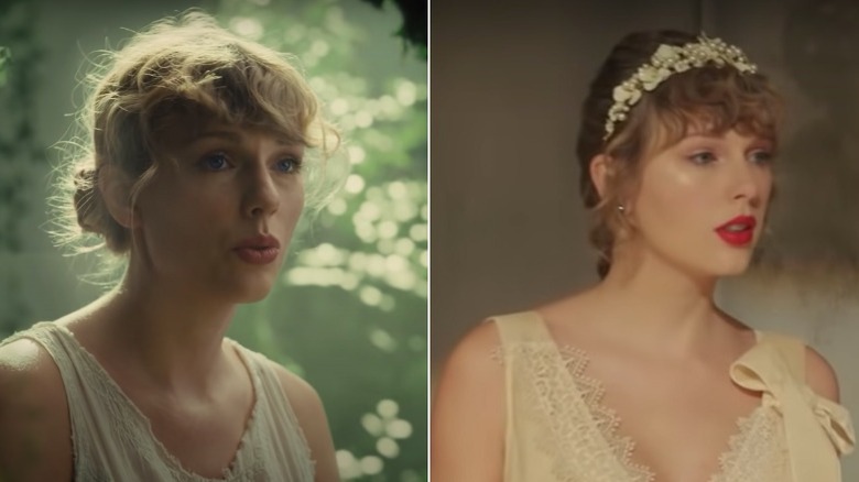 Taylor Swift performing in her music videos for Cardigan and Willow