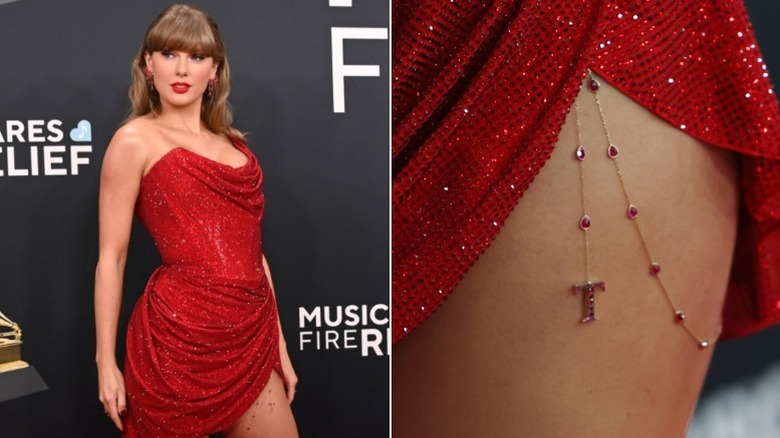 Split image of Taylor Swift wearing a short red dress at the 2025 Grammy Awards and her thigh chain