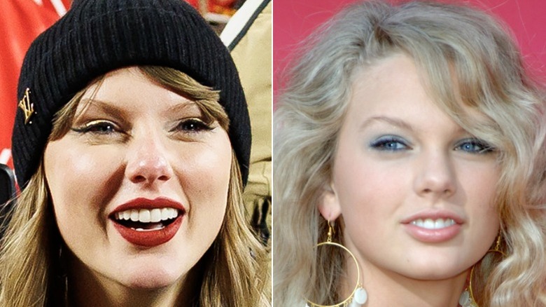 Split image of Taylor Swift from 2025 and Taylor Swift from the 2000s