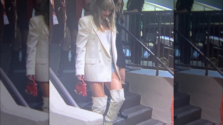 Taylor Swift wearing white at the 2025 Super Bowl