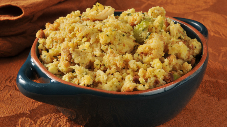 Cornbread stuffing in casserole dish