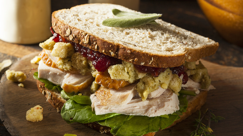 Leftover turkey sandwich on board