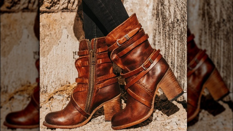 Cognac colored block heeled leather boots