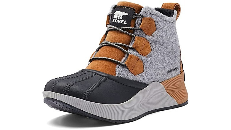 Tan and gray hiker style boots