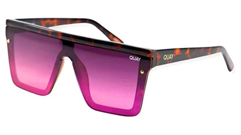 Shield style sunglasses with purple lenses