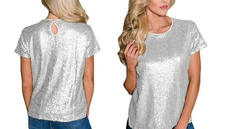 Model wearing silver sequin t-shirt