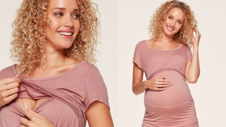 Pregnant woman wearing a pink nursing t-shirt