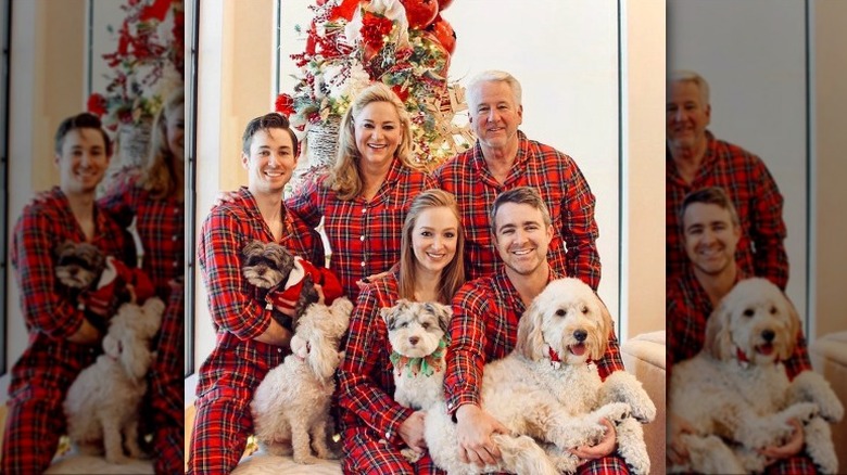 Family wearing red plaid