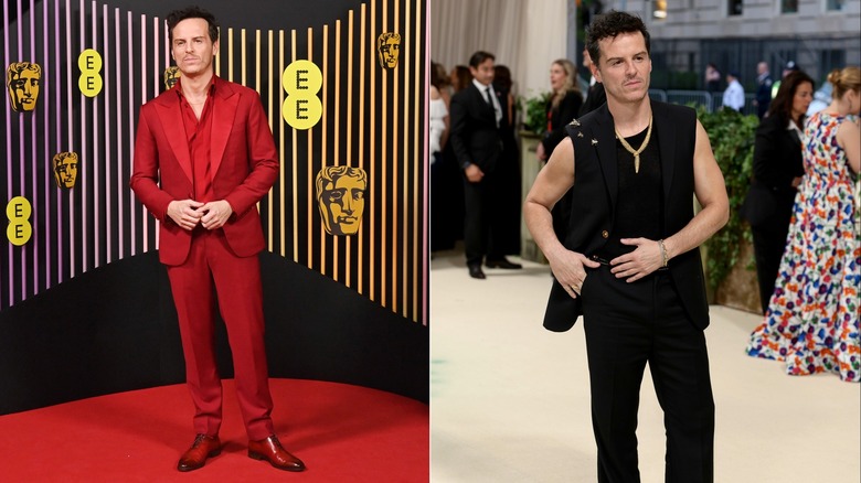 Andrew Scott in red suit; Andrew Scott in black at Met Gala