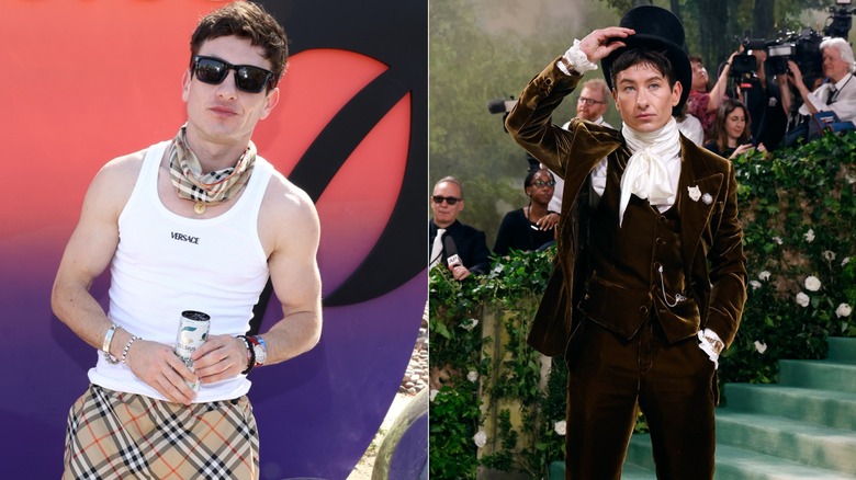 Barry Keoghan in Burberry shorts; Barry Keoghan in velvet suit at Met Gala