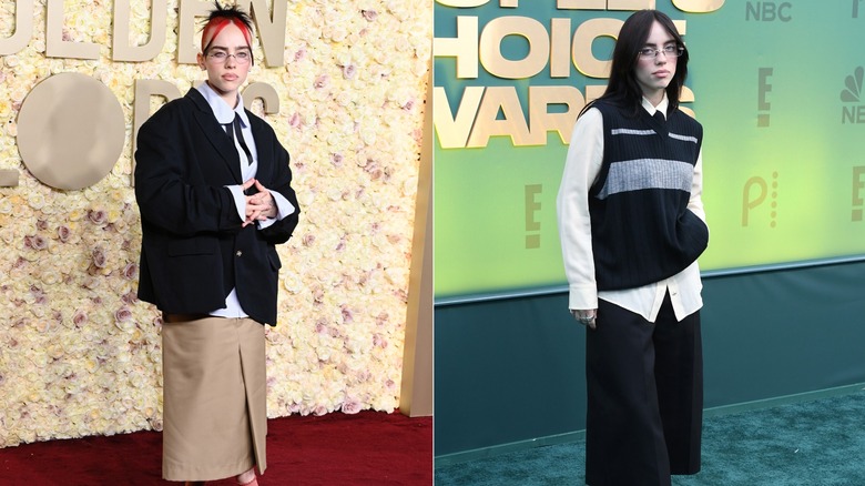 Split image of Billie Eilish posing on Golden Globes step-and-repeat vs. Billie Eilish posing on People's Choice Awards step-and-repeat