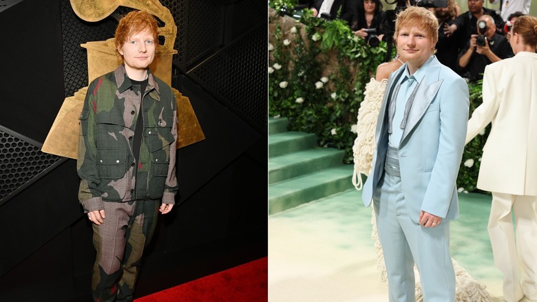 Ed Sheeran in camouflage print; Ed Sheeran in baby blue Met Gala suit