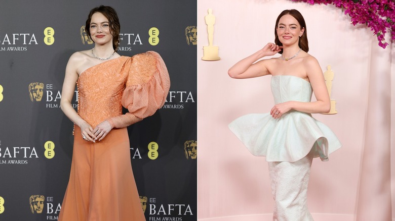 Emma Stone in balloon-sleeved orange gown; Emma Stone in white peplum dress