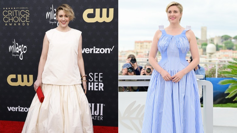 Greta Gerwig at Critics Choice Awards; Greta Gerwig in Cannes pinstriped dress