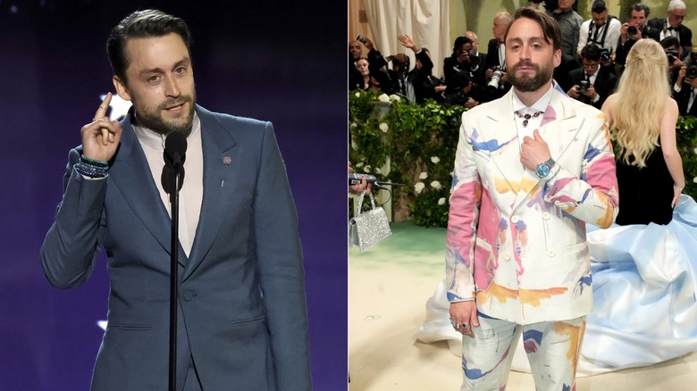 Kieran Culkin talking into mic; Kieran Culkin at Met Gala