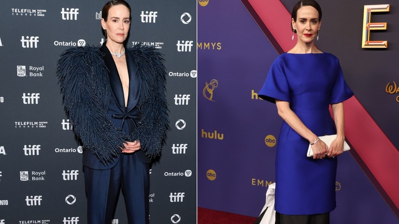 Sarah Paulson in fringe-sleeved tux; Sarah Paulson at Emmys