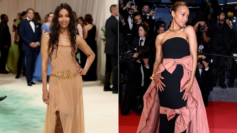 Zoe Saldana wearing a wearing dress with Chloe belt; Zoe Saldana in black gown with pink bow