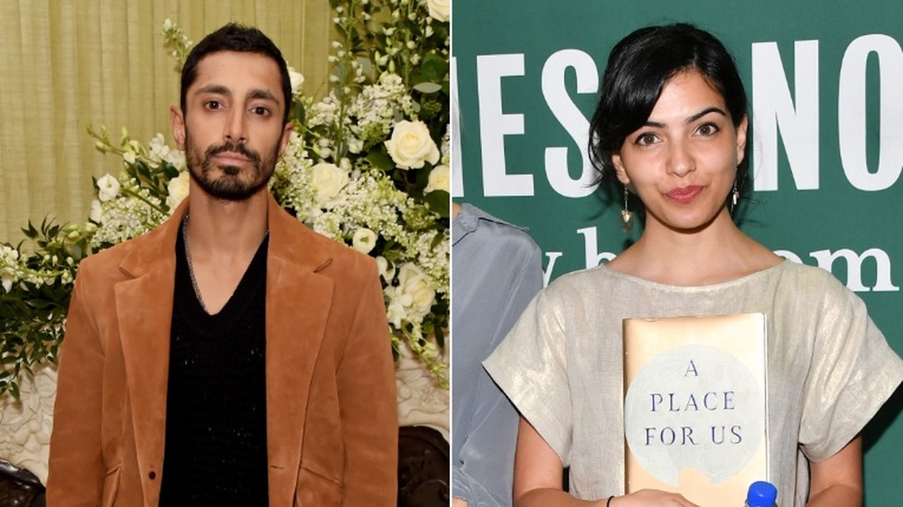 Riz Ahmed in camel sports jacket / Fatima Farheen Mirza grinning with her bestselling book