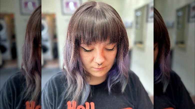 asymmetrical bob with bangs, colored ends asymmetrical bob