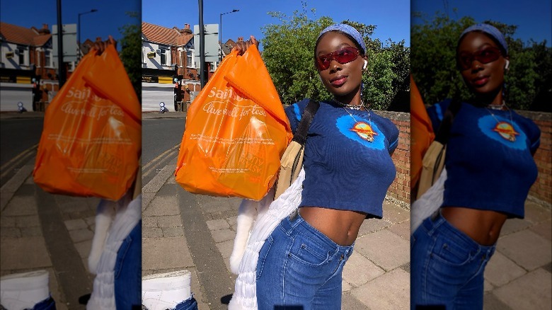 Woman wearing colorful baby tee