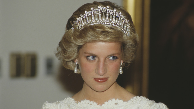 Princess Diana in lace dress, pearl tiara pearl earrings