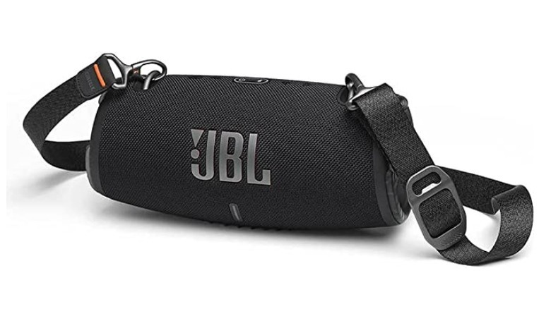 Black oblong speaker with carrying strap