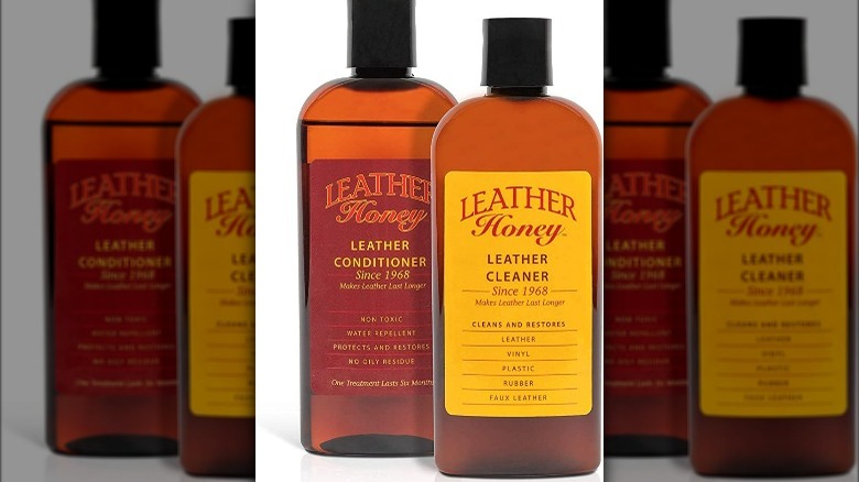 Brown bottles of leather cleaner and conditioner