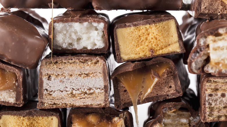 A tower of various types of chocolate