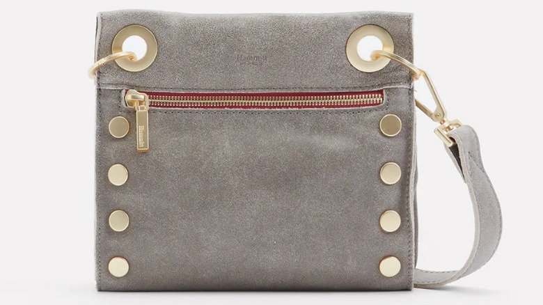 Grey crossbody handbag with gold accents