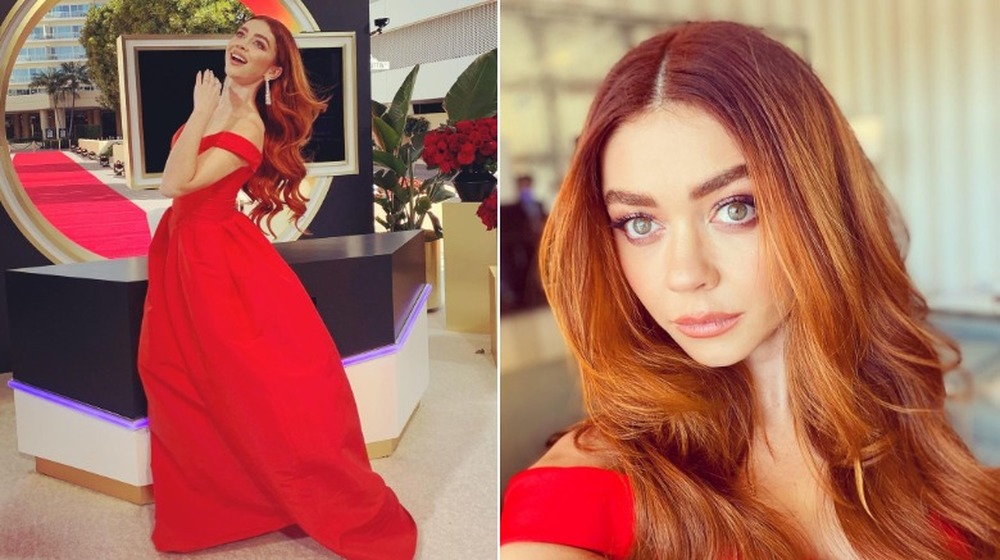 Sarah Hyland in a red dress