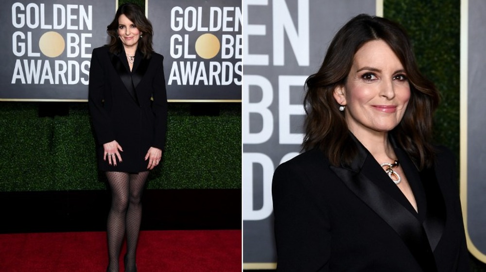 Tina Fey in a black blazer dress