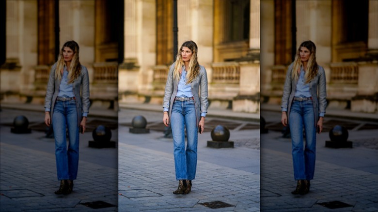 Woman in blue straight jeans