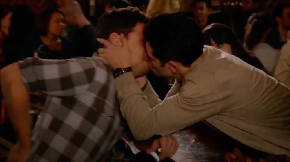 Jake Johnson and Max Greenfield, who've shared unscripted kisses on New Girl